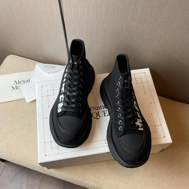 Alexander McQueen Black White Knit Upper Bold Side Logo Ankle Boots 8