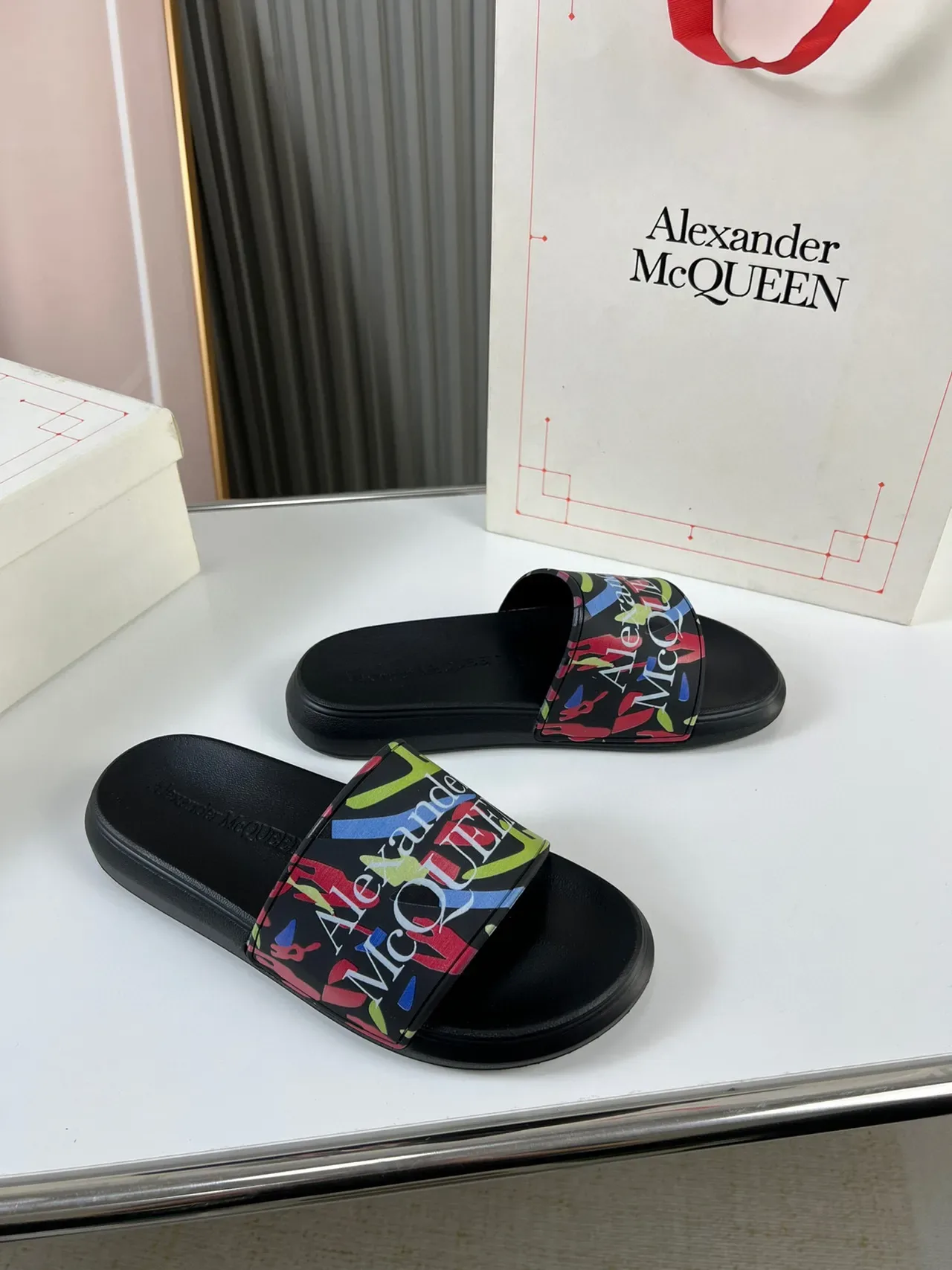 Alexander McQueen Printed Strap Slide Slippers 8