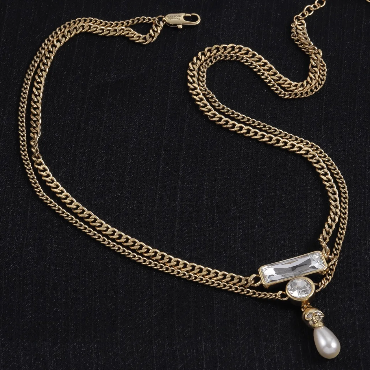 Alexander McQueen Colar com pingente de caveira e pérola Corrente Curb dupla prata e dourado Motivo de colar 6