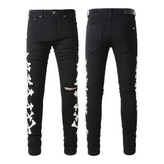 Amiri Skel Top Crossbones Print Black Distressed Slim Jeans