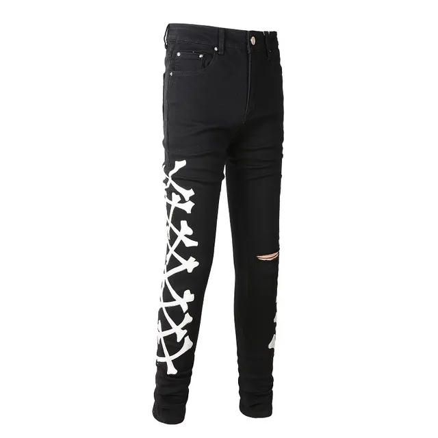 Amiri Top Esqueleto Print de Crânes Croisés Noir Distressed Slim Jeans 5