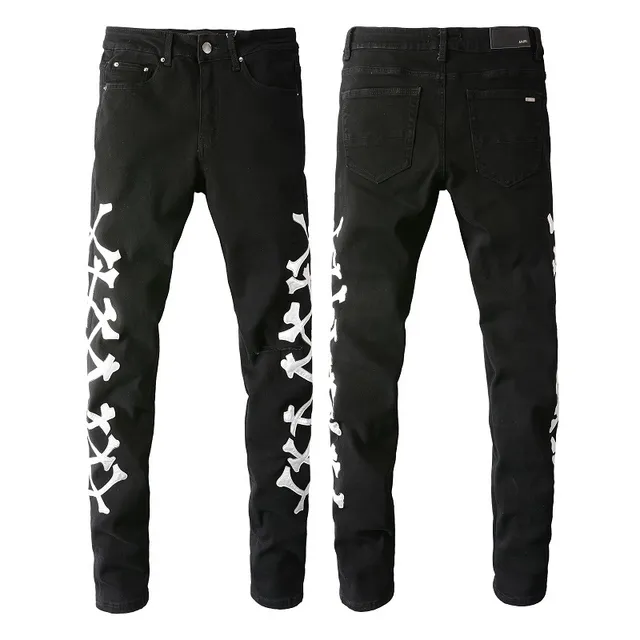 Amiri Top Esqueleto Print de Crânes Croisés Noir Distressed Slim Jeans 18