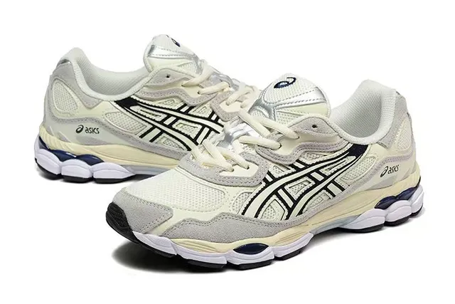ASICS Beige Navy Retro Running Silhouette Maille et recouvrement synthétique Construction Lifestyle Sneakers 3