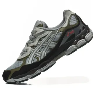 ASICS Gray Army Green Layered Synthetic Overlays Mesh Ventilation Panels Running Shoes