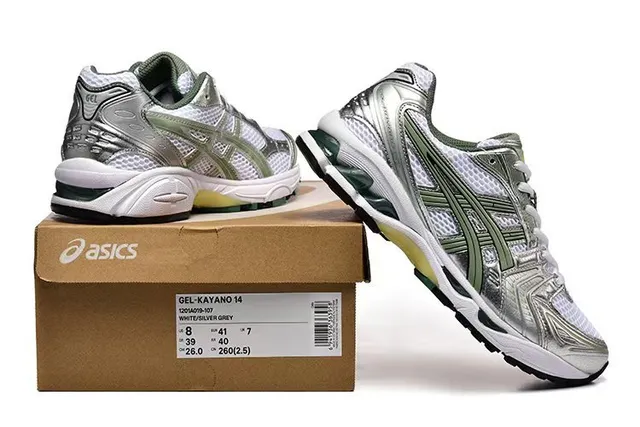 ASICS Silver Green Metallic Upper Olive Tiger Stripe Running Shoes 6
