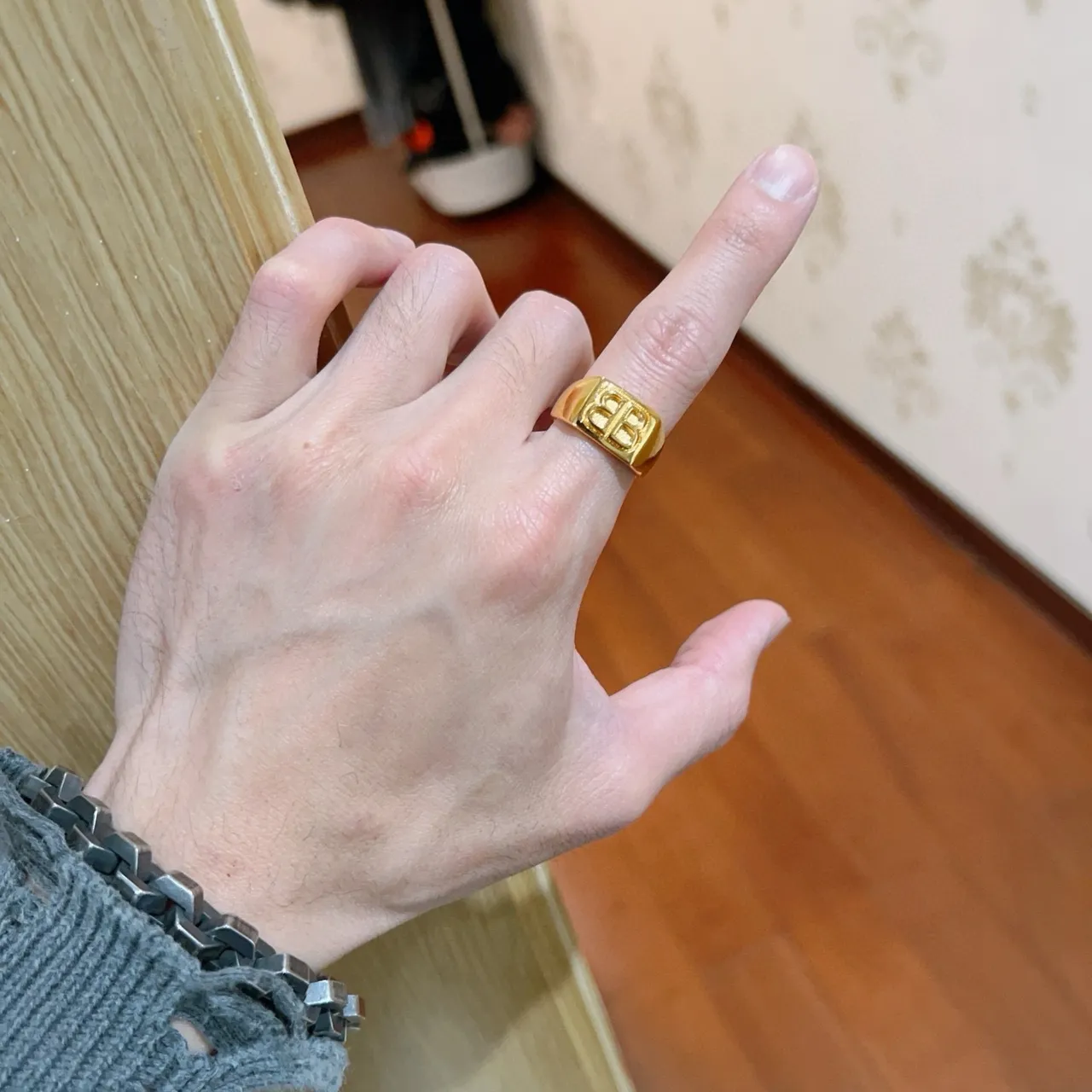 Balenciaga BB Monogram Gold Signet-Style Rectangular Face Ring 2