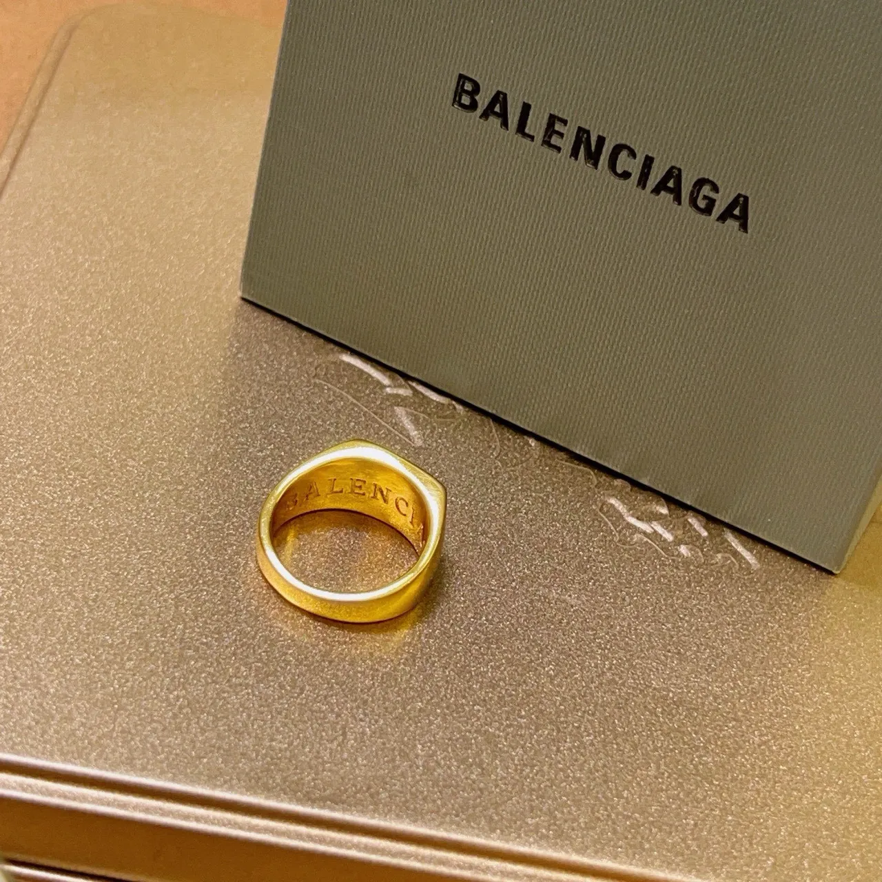Balenciaga BB Monogram Gold Signet-Style Rectangular Face Ring 3