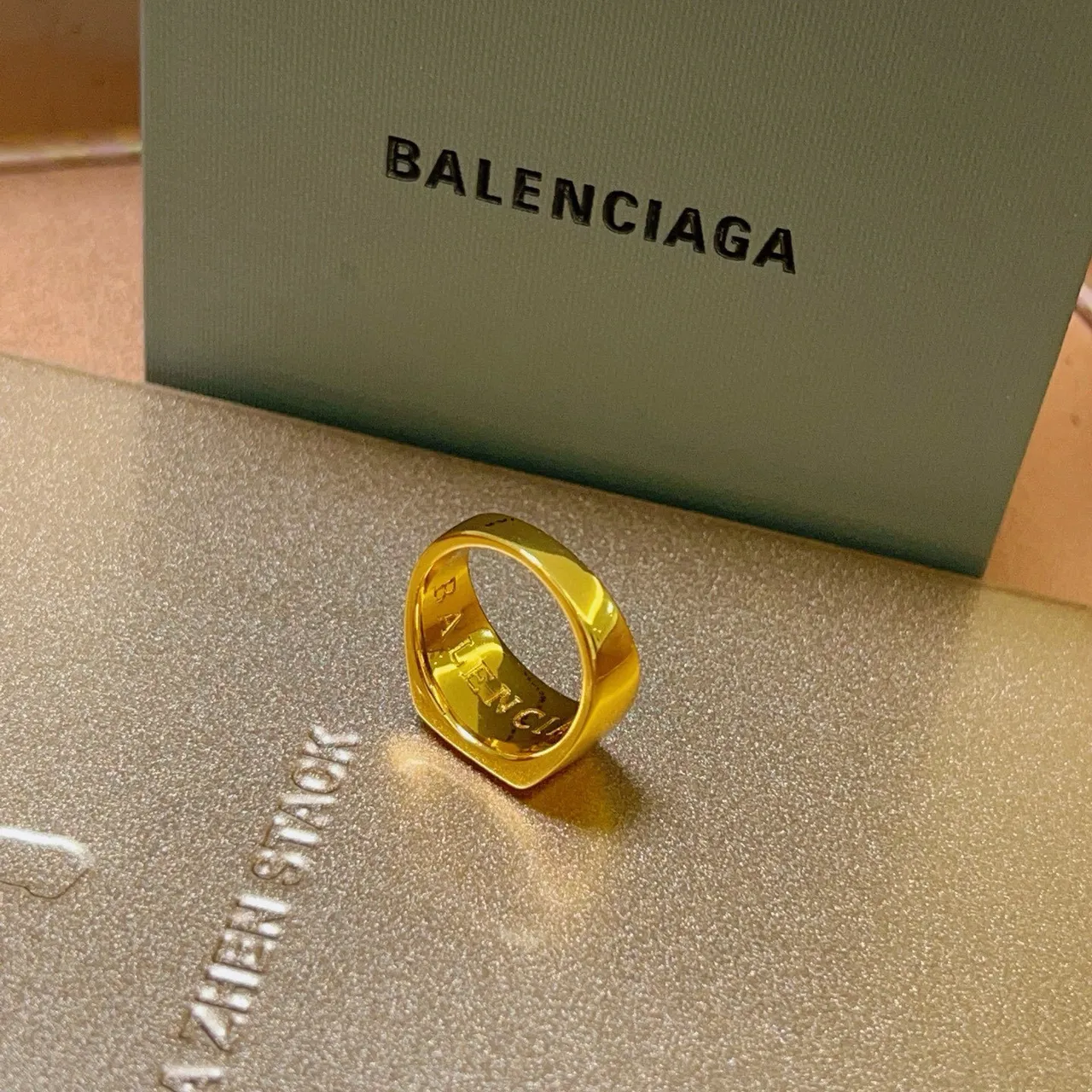 Balenciaga BB Monogram Gold Signet-Style Rectangular Face Ring 4