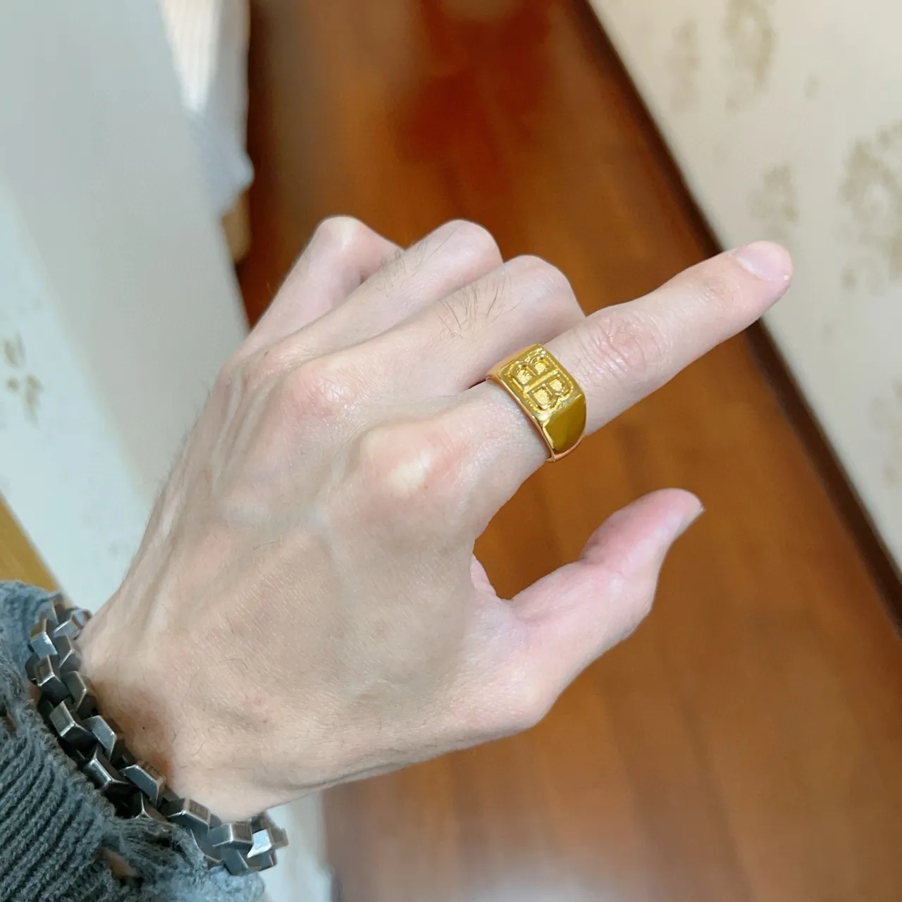 Balenciaga BB Monogram Gold Signet-Style Rectangular Face Ring 5