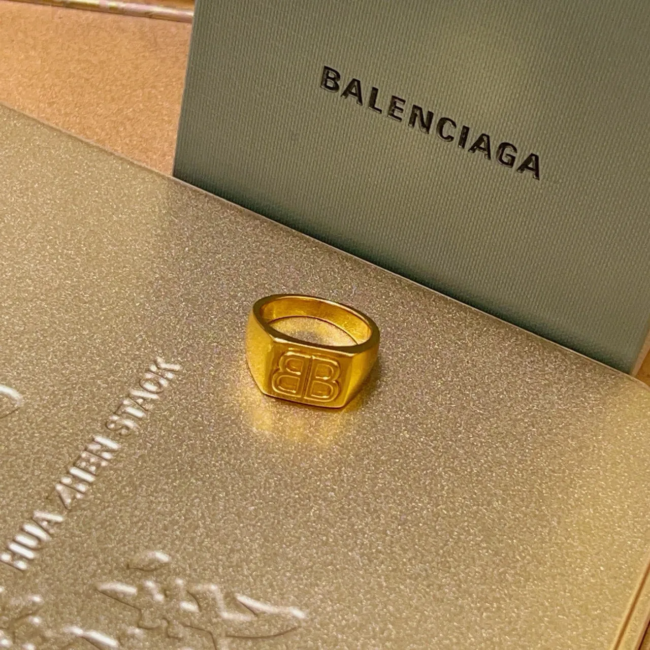 Balenciaga BB Monogram Gold Signet-Style Rectangular Face Ring 6