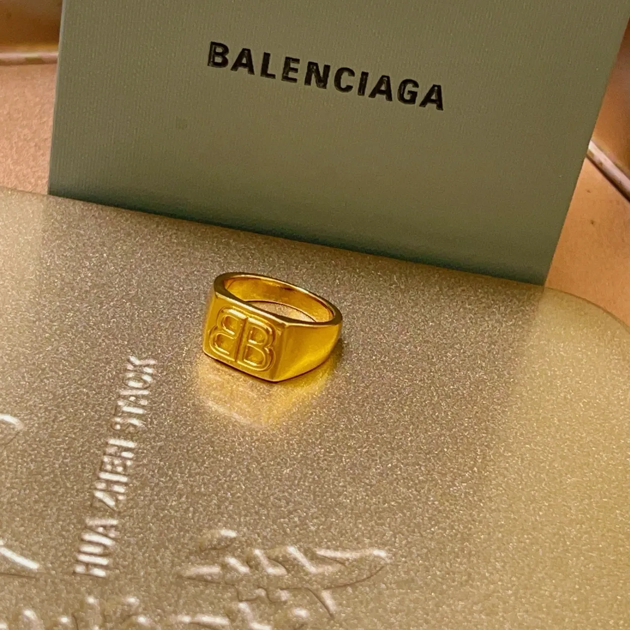 Balenciaga BB Monogram Gold Signet-Style Rectangular Face Ring 7