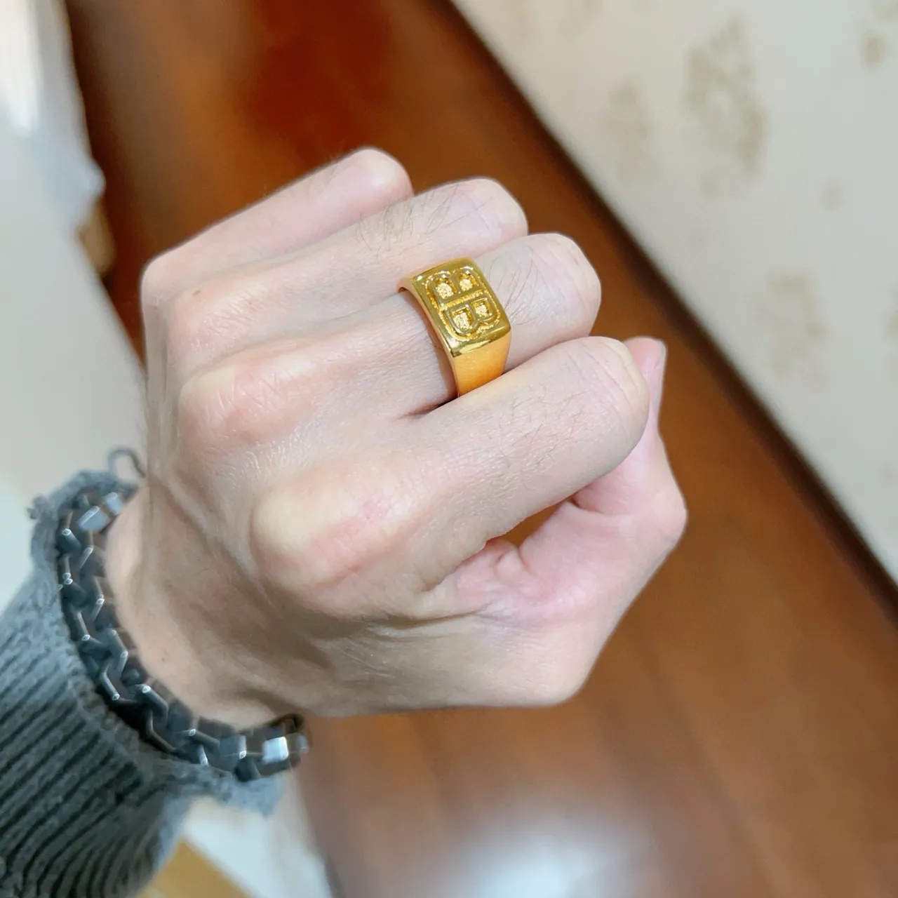 Balenciaga BB Monogram Gold Signet-Style Rectangular Face Ring 8