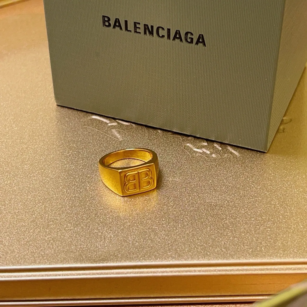 Balenciaga BB Monogram Gold Signet-Style Rectangular Face Ring 9