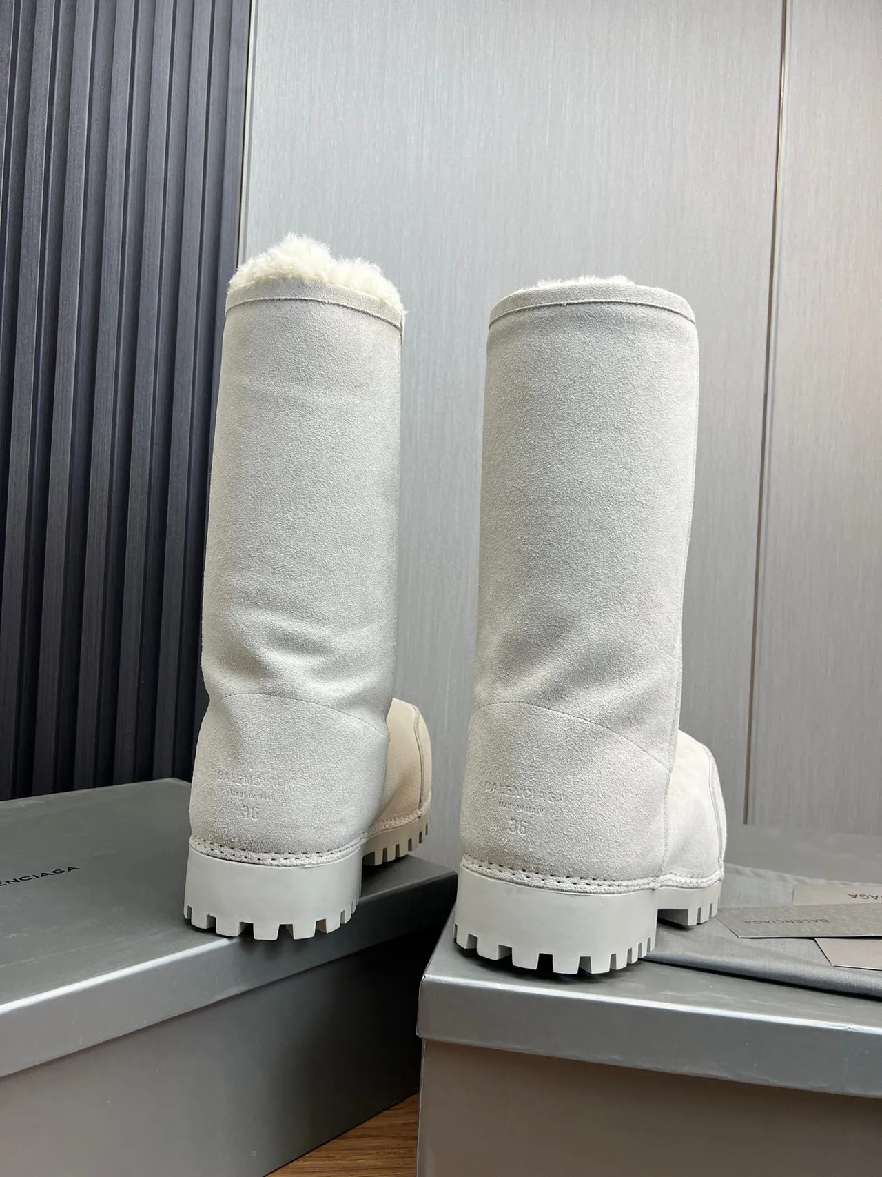 Balenciaga Le Cagole Gray White Oversized Platform Shearling-Lined Cuff Knee Boots 5