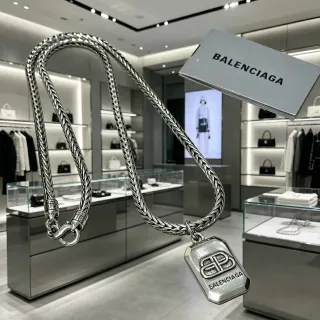Balenciaga Silver Braided Metal Chain Rectangular Logo Pendant Necklace