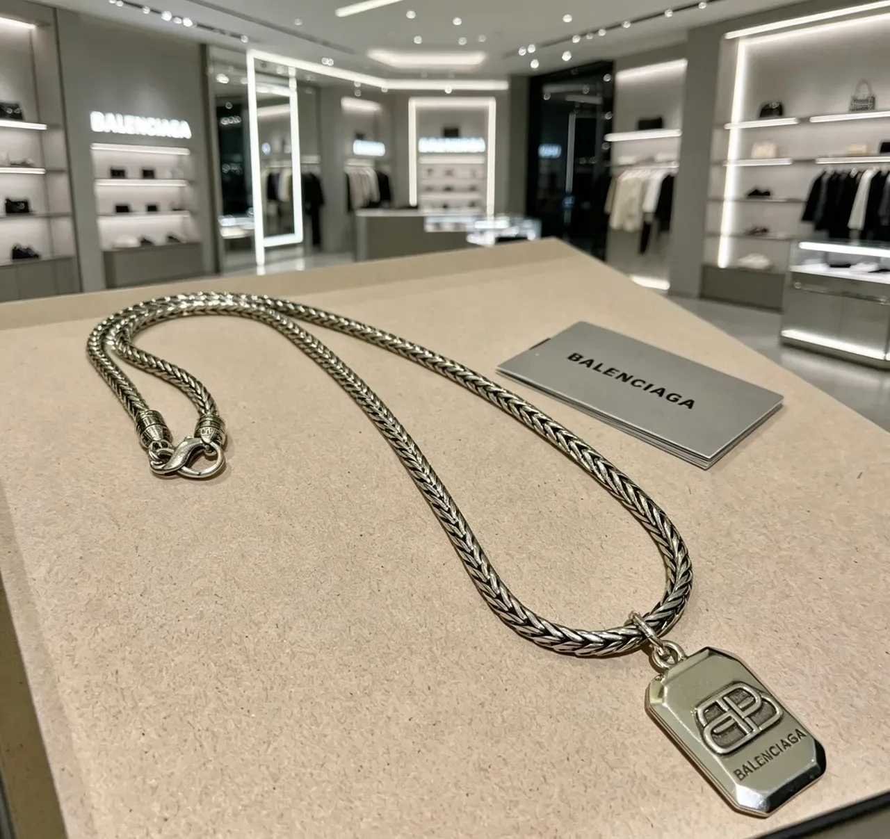 Balenciaga Silver Braided Metal Chain Rectangular Logo Pendant Necklace 2