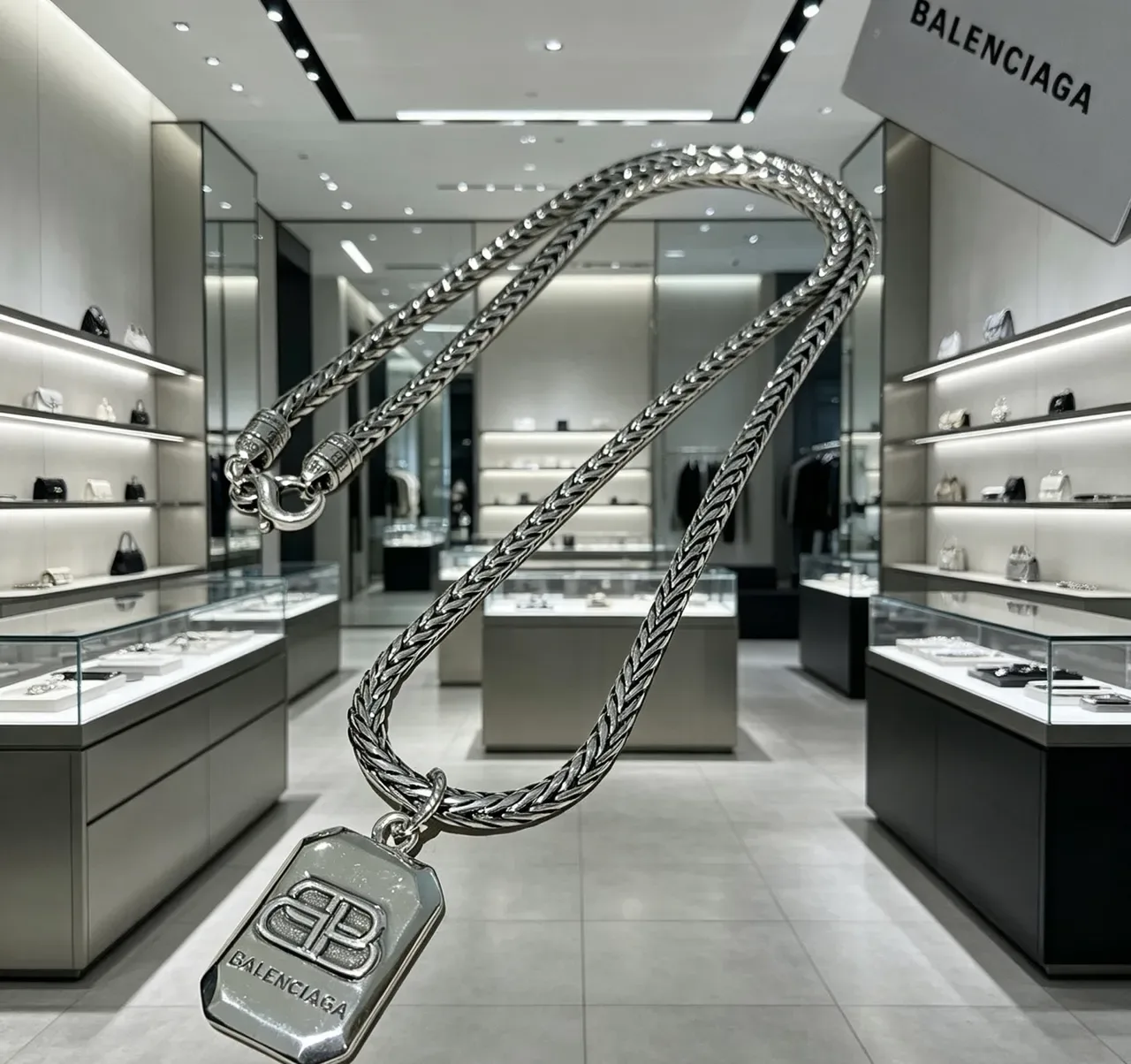 Balenciaga Silver Braided Metal Chain Rectangular Logo Pendant Necklace 4
