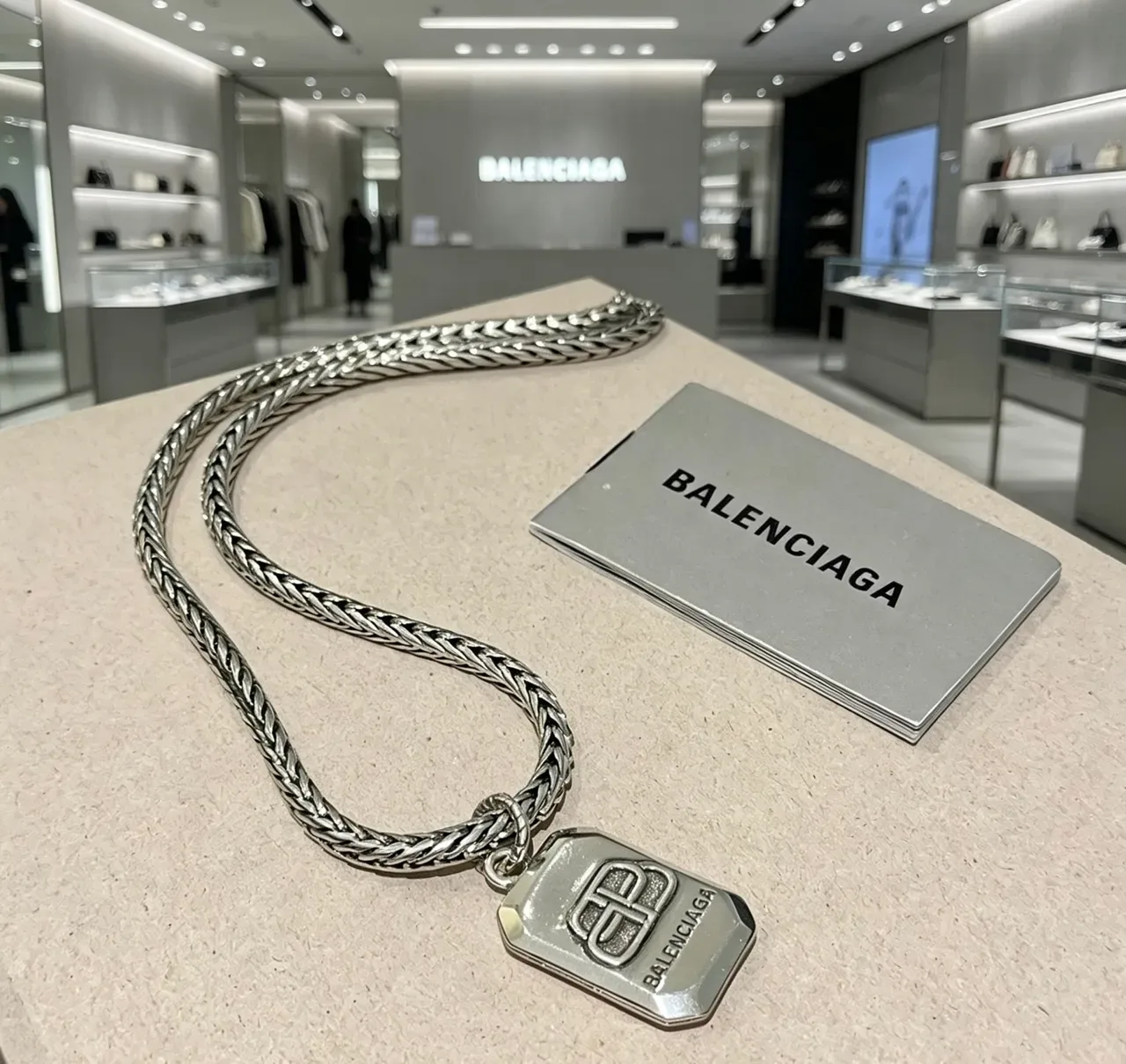 Balenciaga Silver Braided Metal Chain Rectangular Logo Pendant Necklace 6
