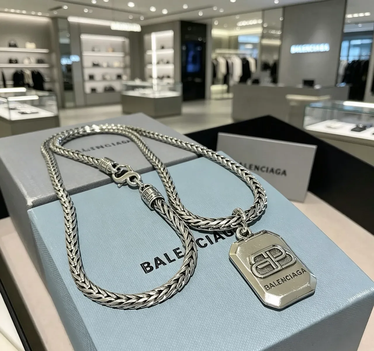 Balenciaga Silver Braided Metal Chain Rectangular Logo Pendant Necklace 7