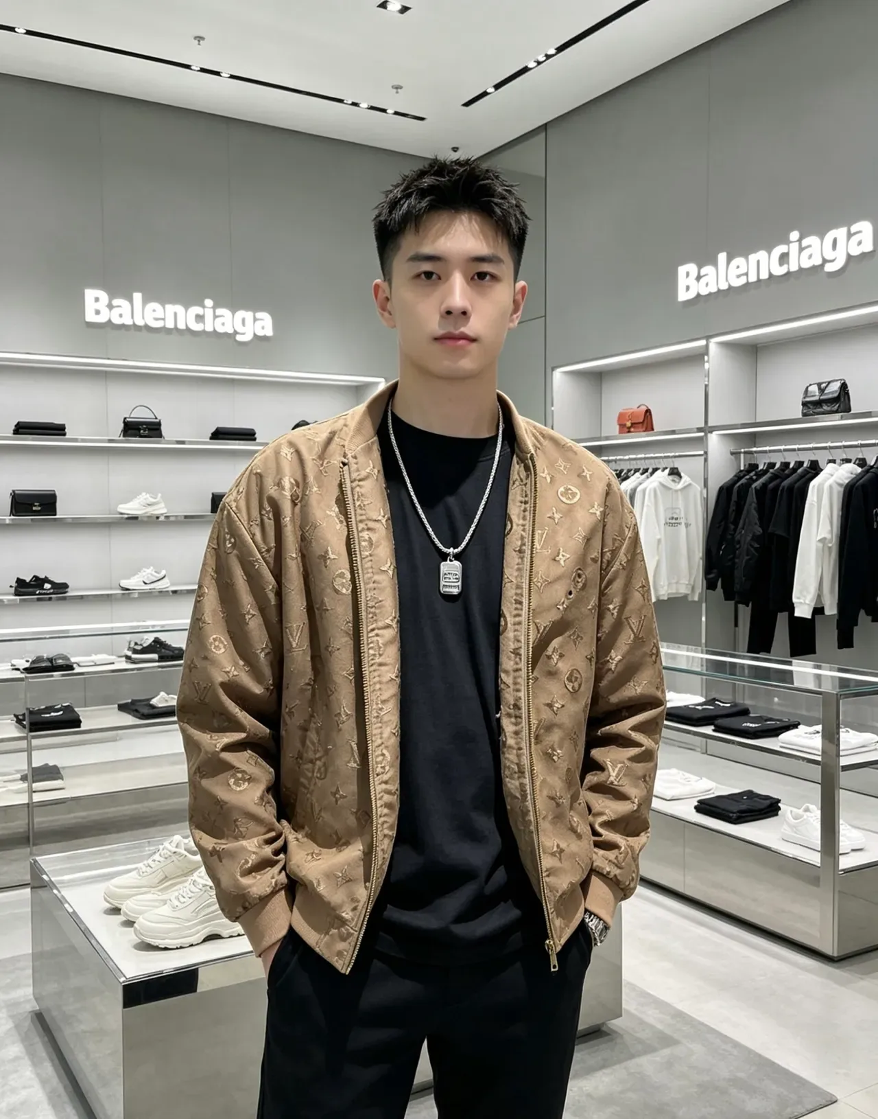 Balenciaga Silver Braided Metal Chain Rectangular Logo Pendant Necklace 8