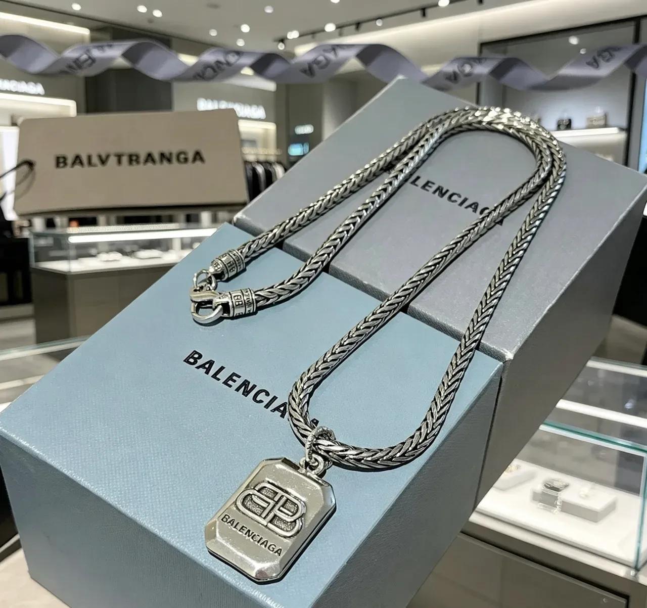 Balenciaga Silver Braided Metal Chain Rectangular Logo Pendant Necklace 9