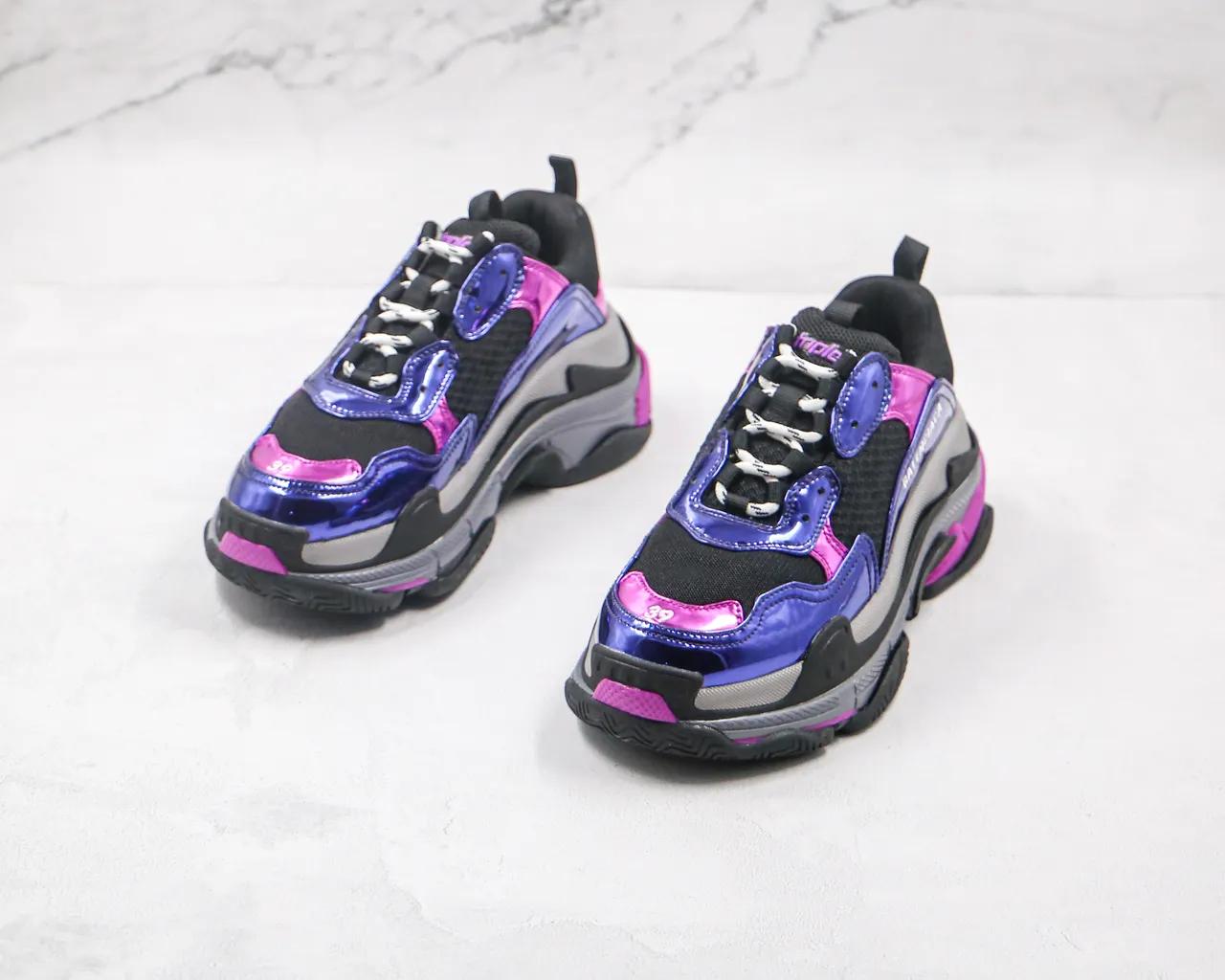 Balenciaga Triple S Chaussures Chunky Violet et Rose en Cuir Patent 5