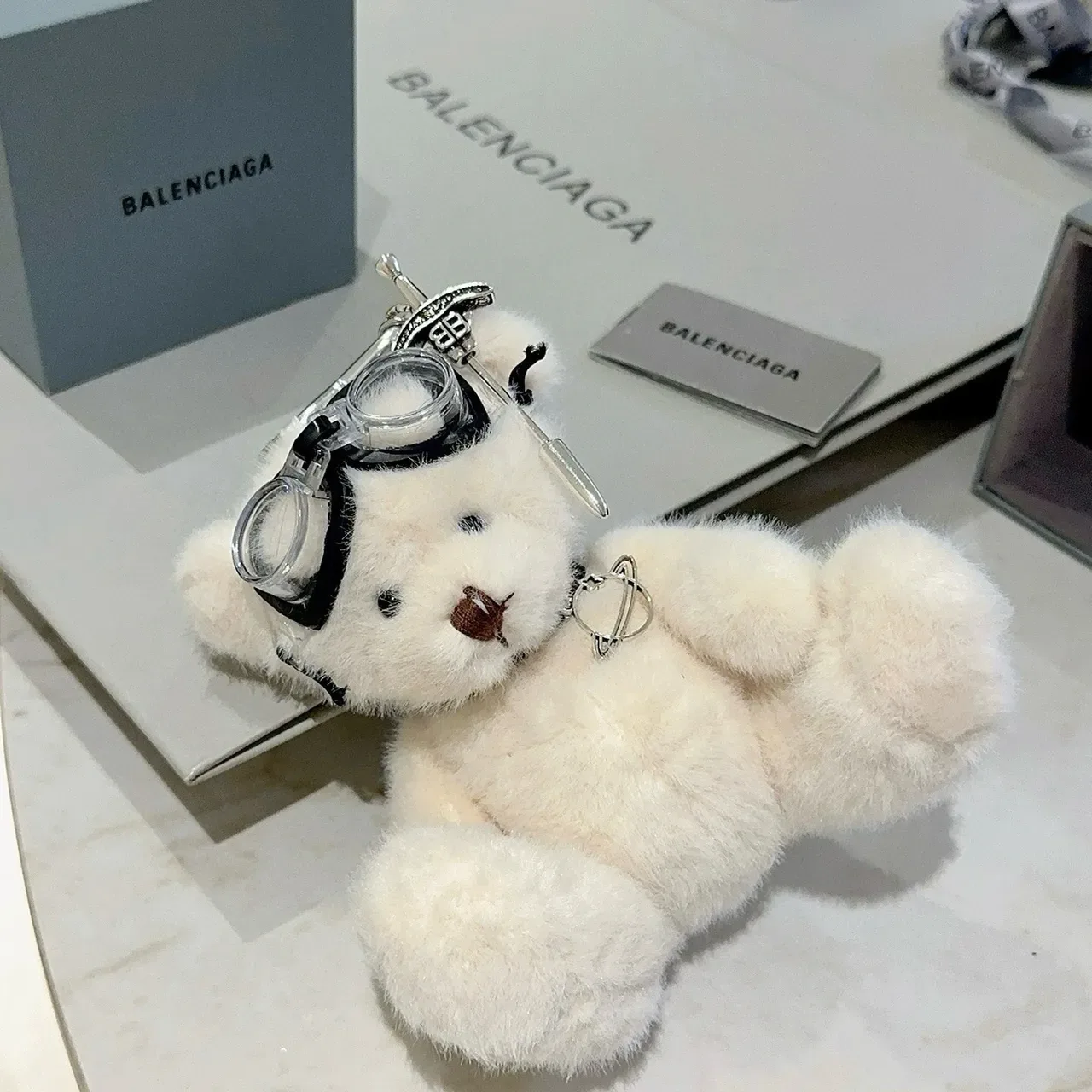 Balenciaga White Black Plush Teddy Bear Goggle-Accented Handbag 3