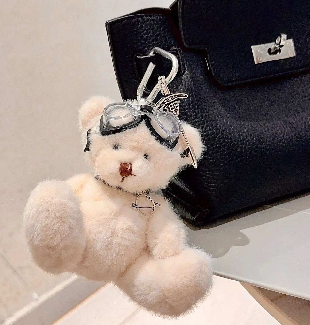 Balenciaga White Black Plush Teddy Bear Goggle-Accented Handbag 4