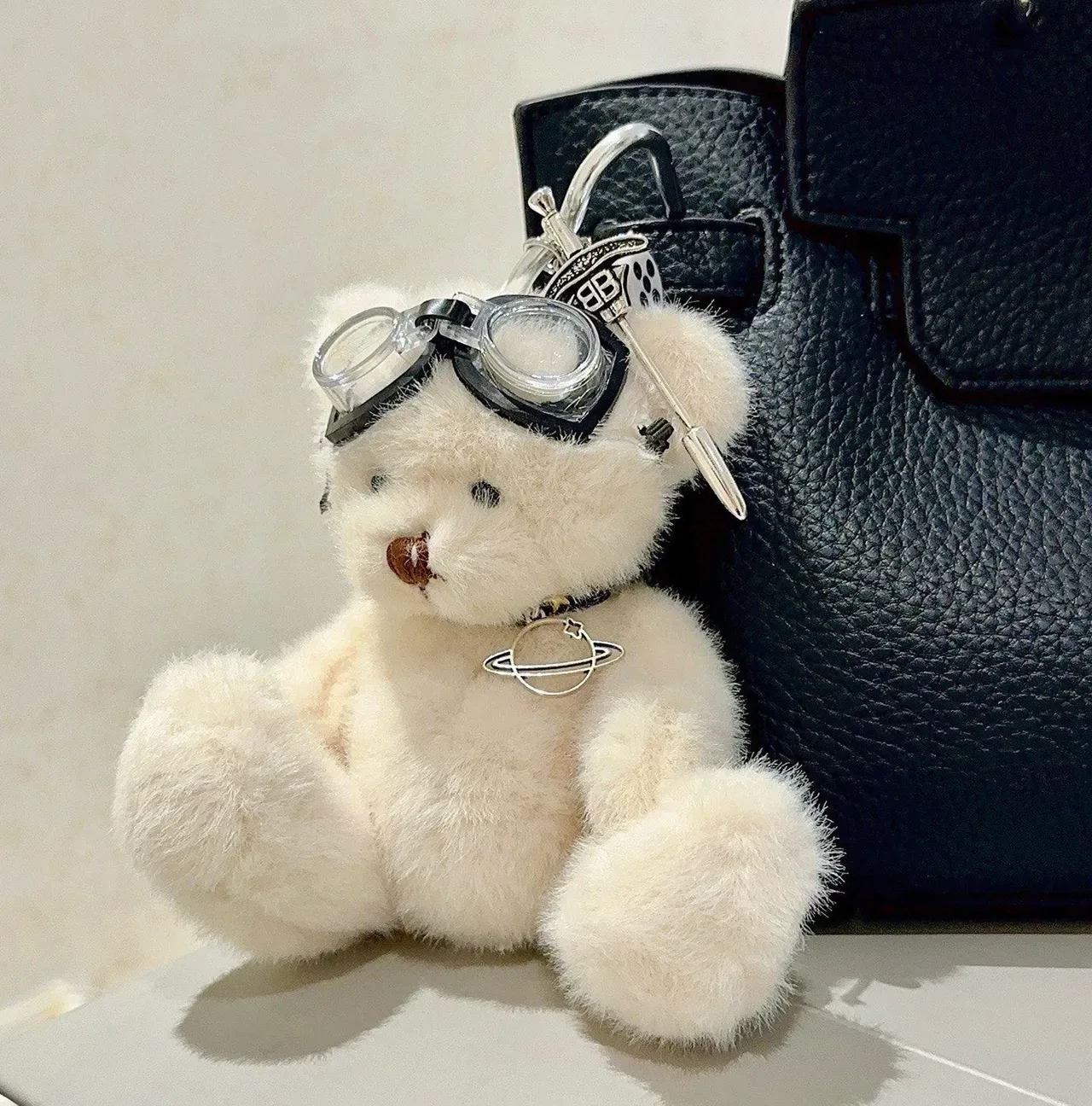 Balenciaga White Black Plush Teddy Bear Goggle-Accented Handbag 6