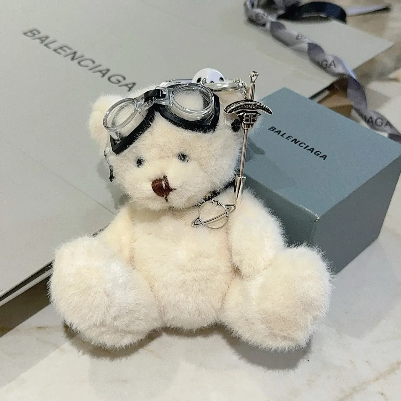Balenciaga White Black Plush Teddy Bear Goggle-Accented Handbag 7