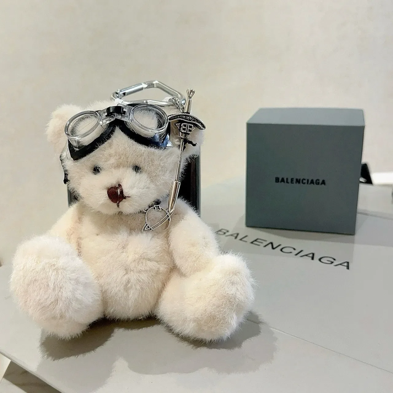 Balenciaga White Black Plush Teddy Bear Goggle-Accented Handbag 8