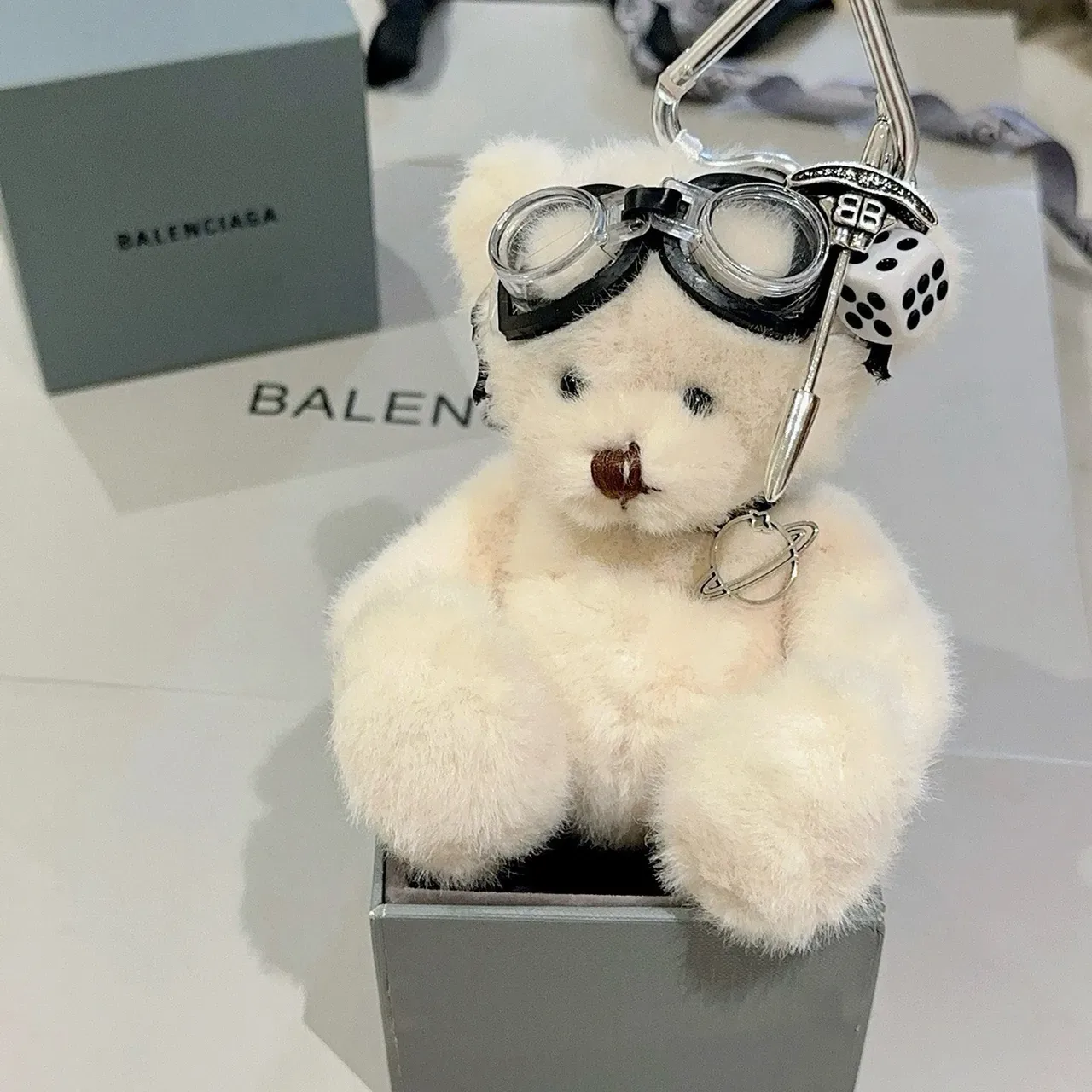 Balenciaga White Black Plush Teddy Bear Goggle-Accented Handbag 9