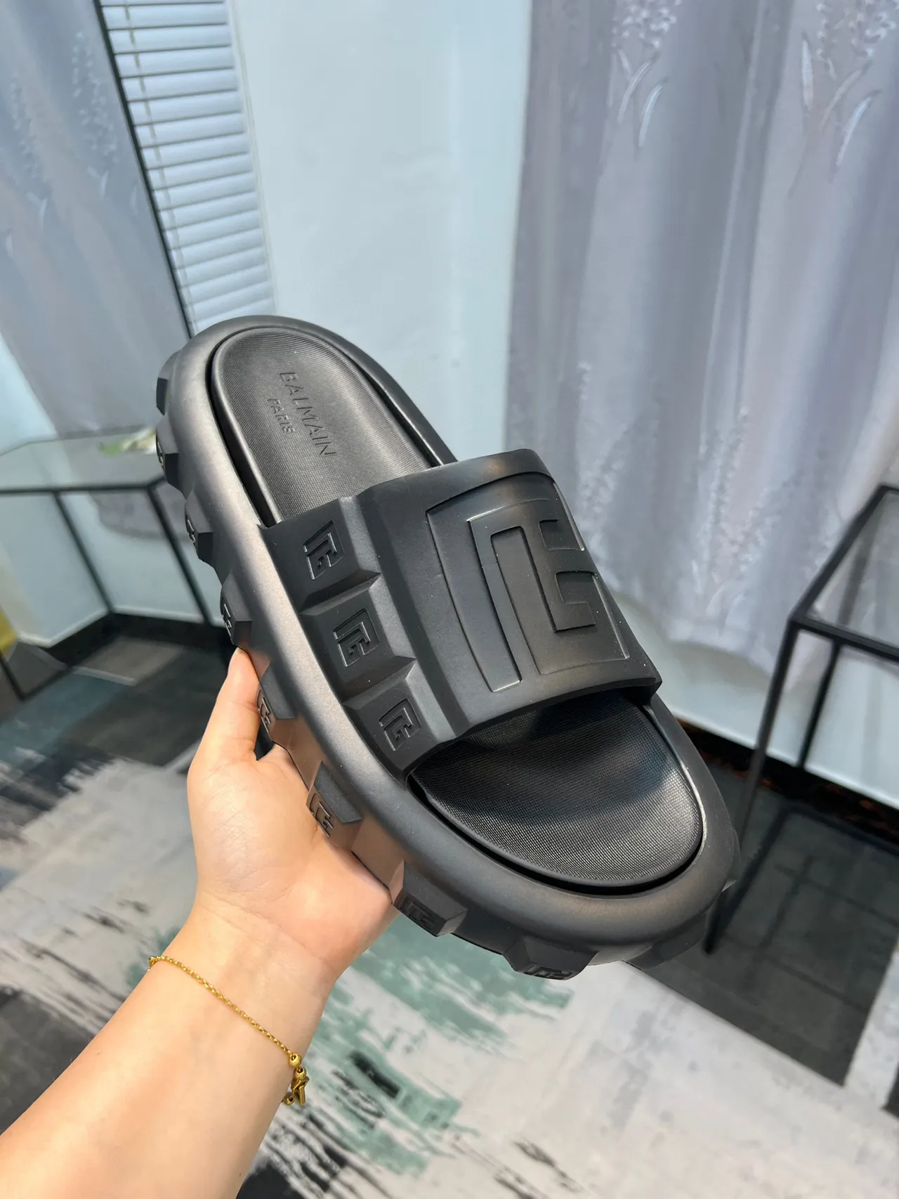 Balmain B-Bold Black Molded Monogram Slide Slipper 5