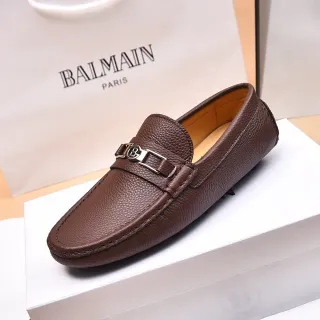 Balmain B-Court Brown Beige Pebbled Leather Metal Buckle Strap Loafer