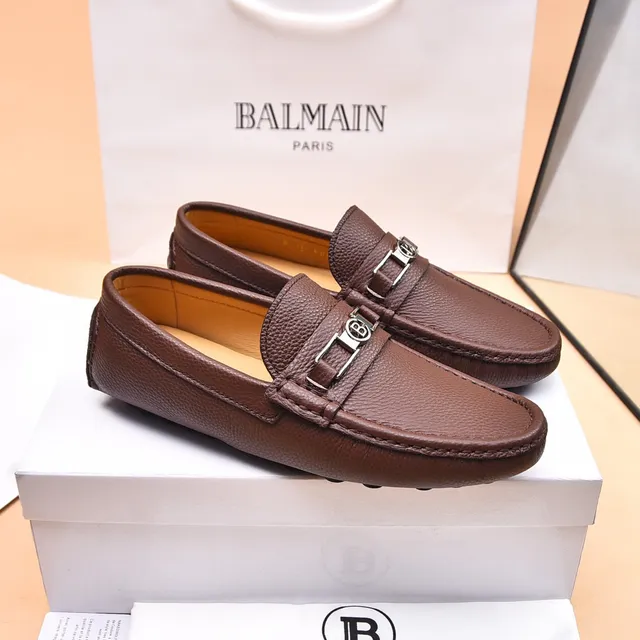 Balmain B-Court بني بيج جلد مقشف مشبك معدني حزام لوفر 2