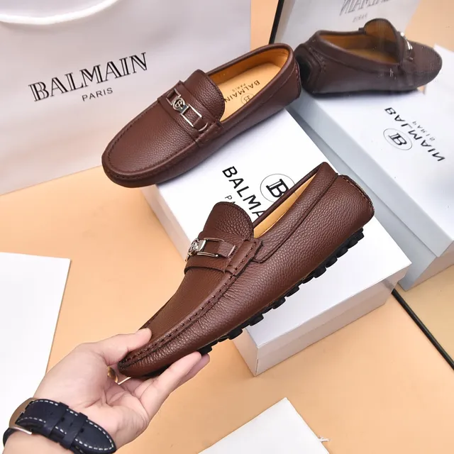 Balmain B-Court بني بيج جلد مقشف مشبك معدني حزام لوفر 3