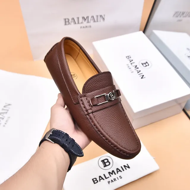 Balmain B-Court بني بيج جلد مقشف مشبك معدني حزام لوفر 4