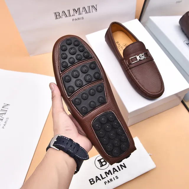 Balmain B-Court بني بيج جلد مقشف مشبك معدني حزام لوفر 5