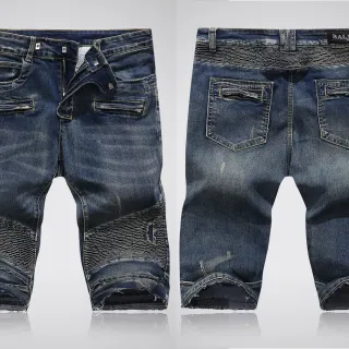 Balmain Distressed Indigo Denim Quilted Panel Shorts
