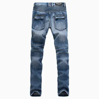 Balmain Moto-Inspired Ribbed Waistband Faded Blue Jeans