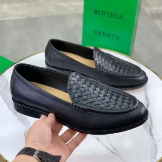 Bottega Veneta Black Beige Woven Intrecciato Leather Moc-Toe Stitching Loafer