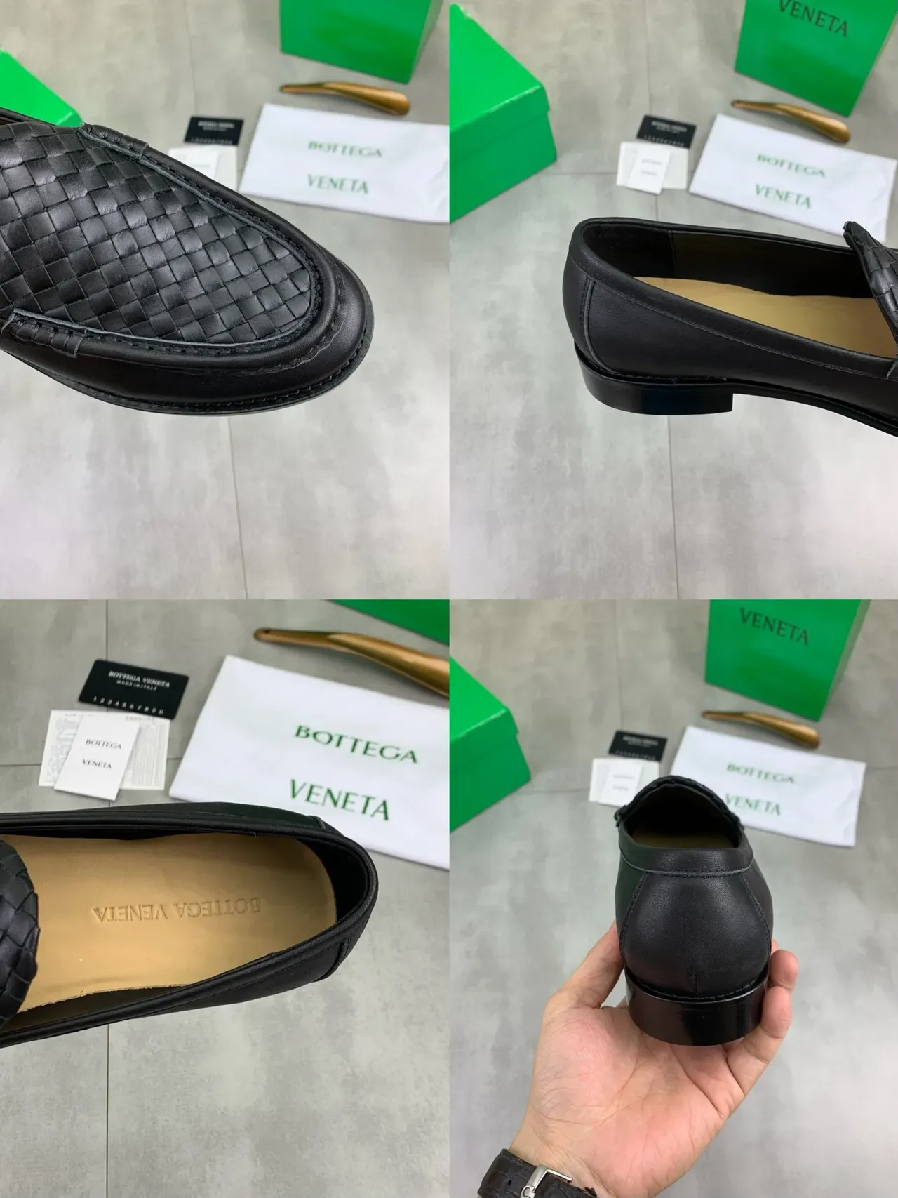 Bottega Veneta أسود بيج نسيج Intrecciato جلد Moc-Toe خياطة لوفر 2