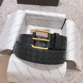Bottega Veneta Black Gold Intrecciato Woven Rectangular Buckle Leather Belt