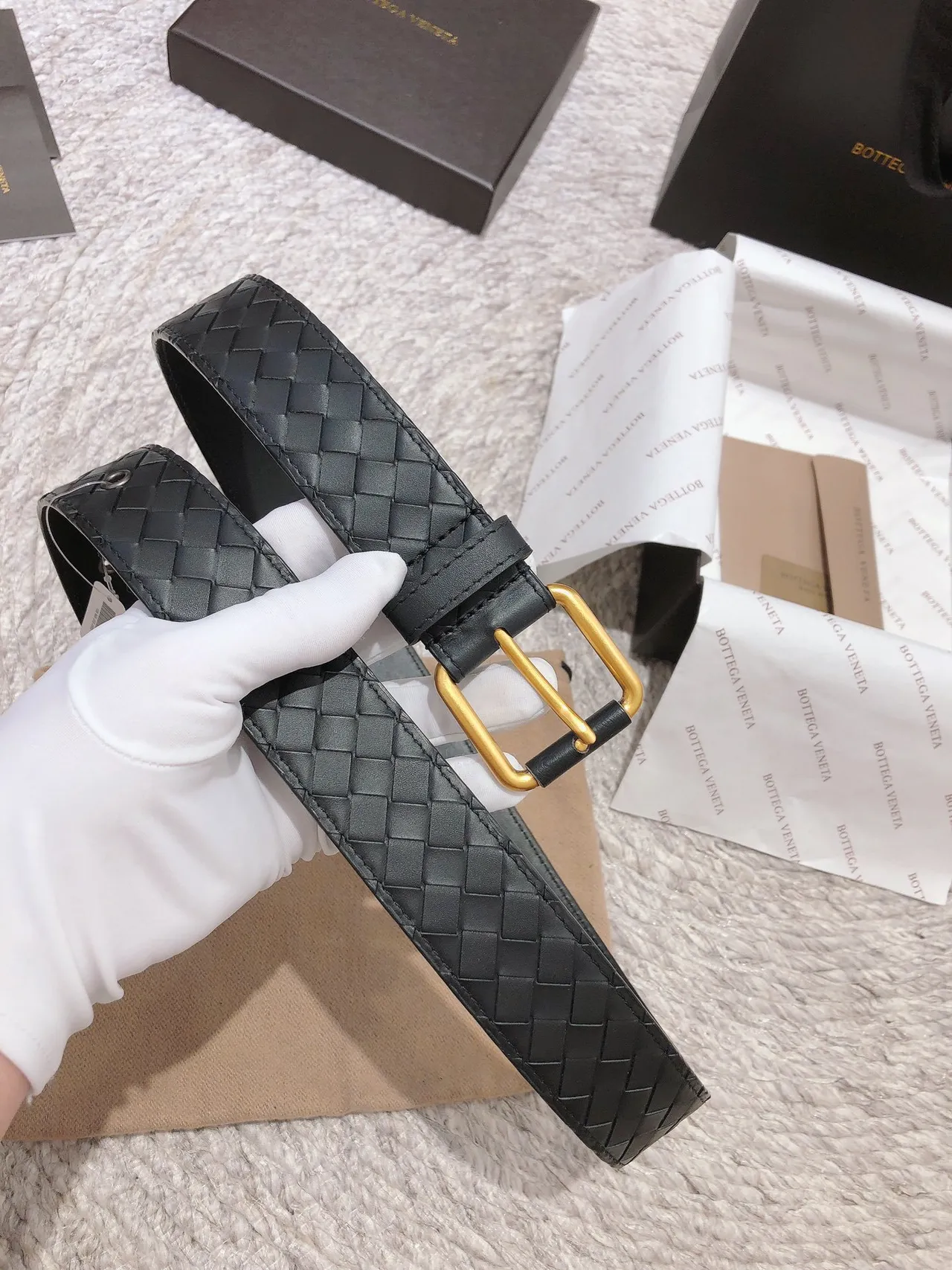 Bottega Veneta Noir Or Intrecciato Tissé Rectangulaire Boucle Ceinture en Cuir 2