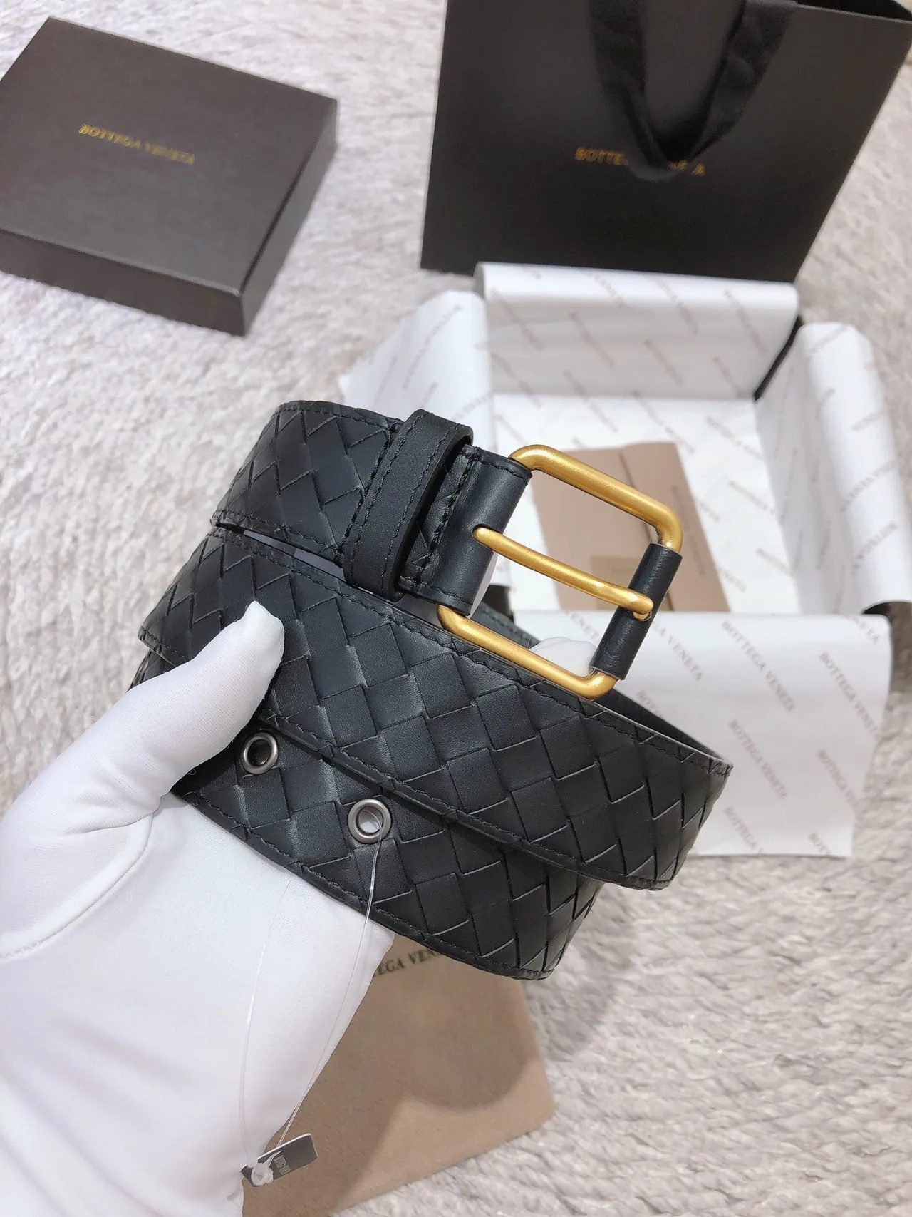 Bottega Veneta Noir Or Intrecciato Tissé Rectangulaire Boucle Ceinture en Cuir 8