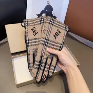Burberry Beige Black Check-Patterned Monogrammed Leather Gloves