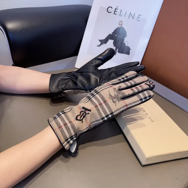 Burberry Beige Black Check-Patterned Monogrammed Leather Gloves 3