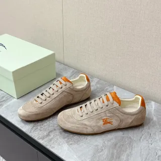 Burberry Beige Orange Suede Upper Embroidered Equestrian Knight Logo Lifestyle Sneakers