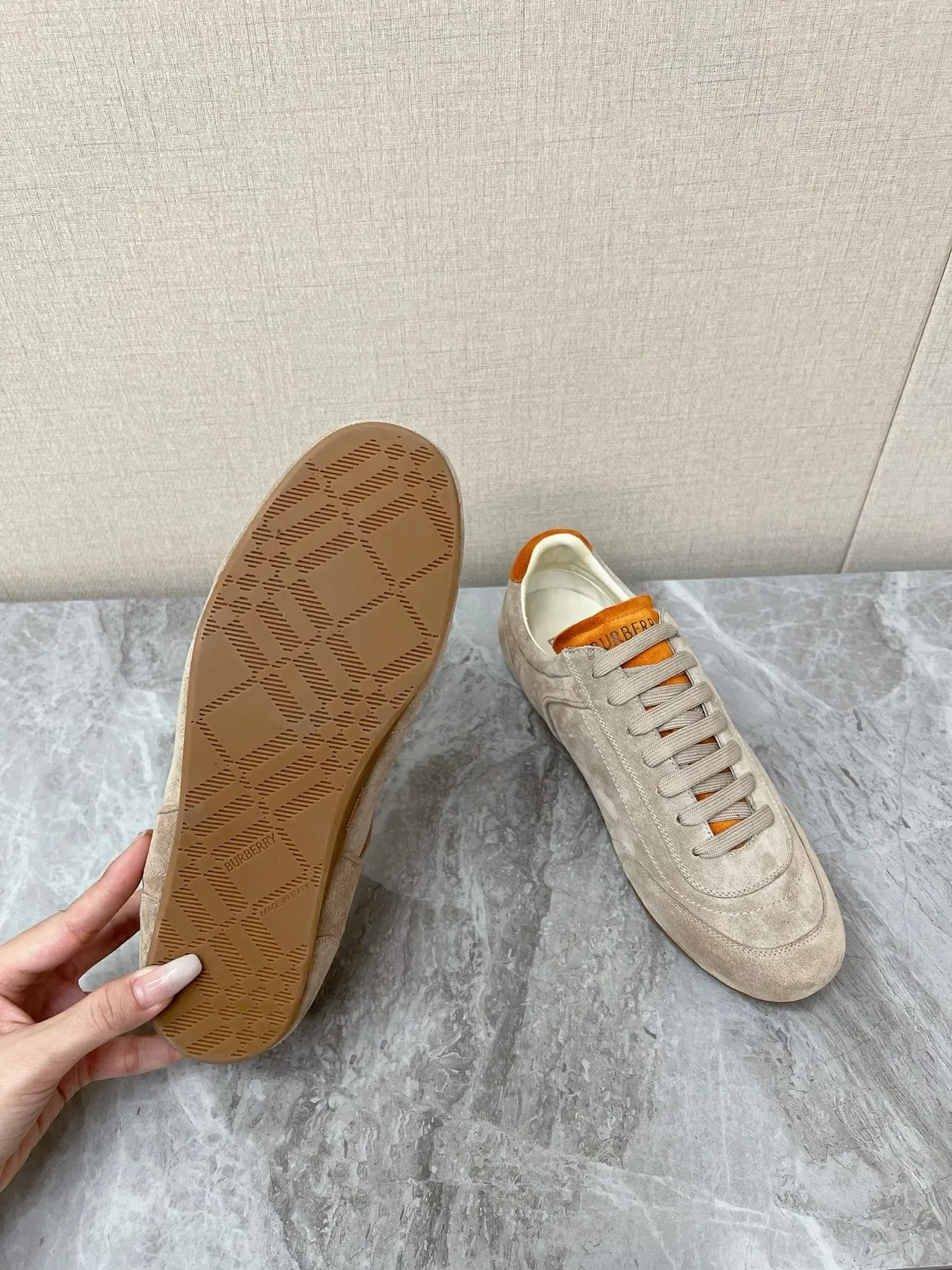 Burberry Beige Orange Suede Upper Embroidered Equestrian Knight Logo Lifestyle Sneakers 2
