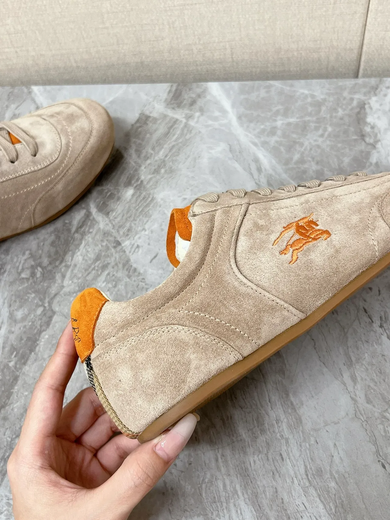 Burberry Beige Orange Suede Upper Embroidered Equestrian Knight Logo Lifestyle Sneakers 4